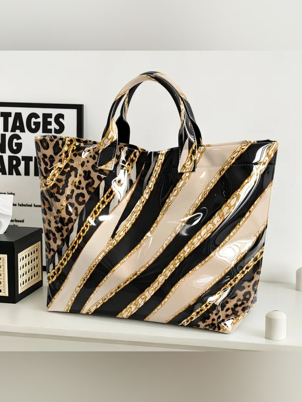 Women Safari Print Large Hand Tote PVC Daily Commute Tote